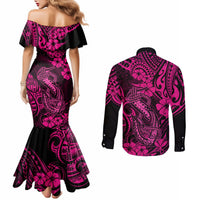 hawaii-fish-hook-couples-matching-mermaid-dress-and-long-sleeve-button-shirts-hibiscus-hawaii-tribal-tattoo-pink-version