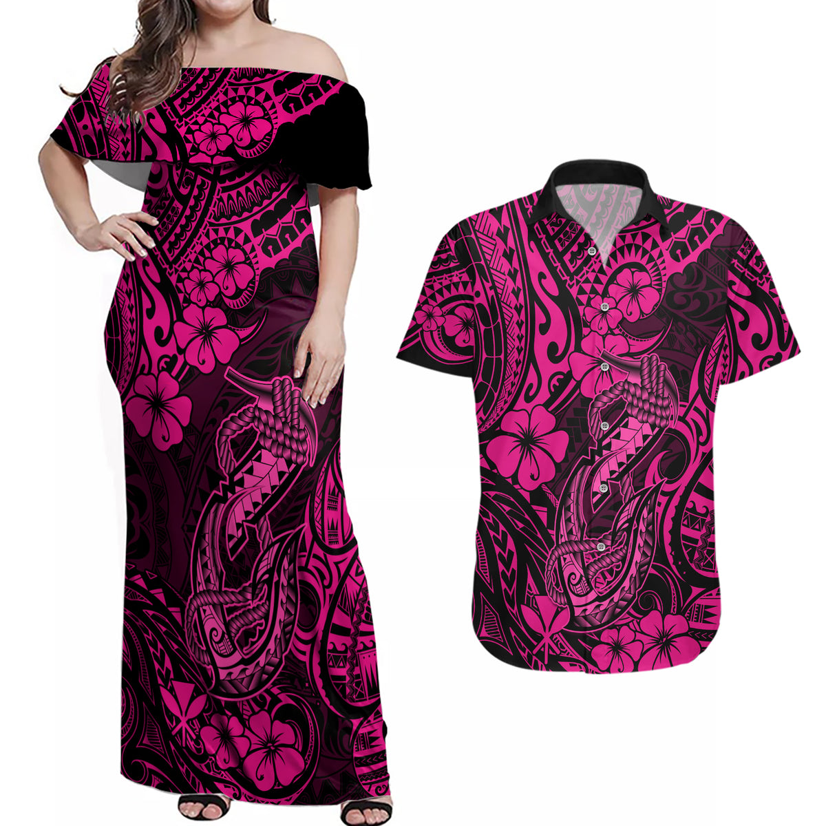 Hawaii Fish Hook Couples Matching Off Shoulder Maxi Dress and Hawaiian Shirt Hibiscus Hawaii Tribal Tattoo Pink Version - Wonder Print Shop