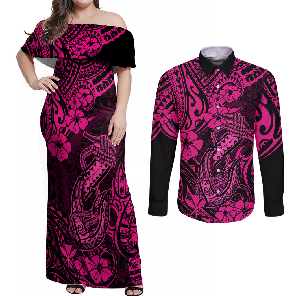 Hawaii Fish Hook Couples Matching Off Shoulder Maxi Dress and Long Sleeve Button Shirts Hibiscus Hawaii Tribal Tattoo Pink Version - Wonder Print Shop