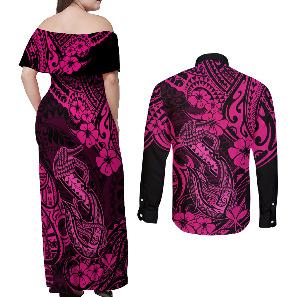 Hawaii Fish Hook Couples Matching Off Shoulder Maxi Dress and Long Sleeve Button Shirts Hibiscus Hawaii Tribal Tattoo Pink Version - Wonder Print Shop