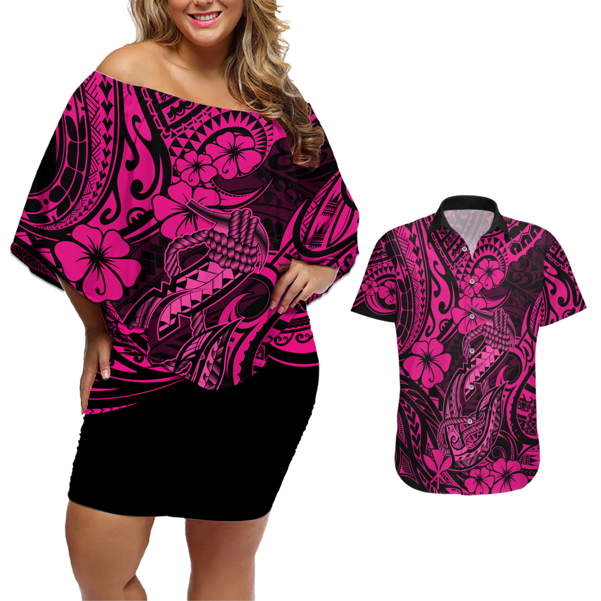 Hawaii Fish Hook Couples Matching Off Shoulder Short Dress and Hawaiian Shirt Hibiscus Hawaii Tribal Tattoo Pink Version - Wonder Print Shop