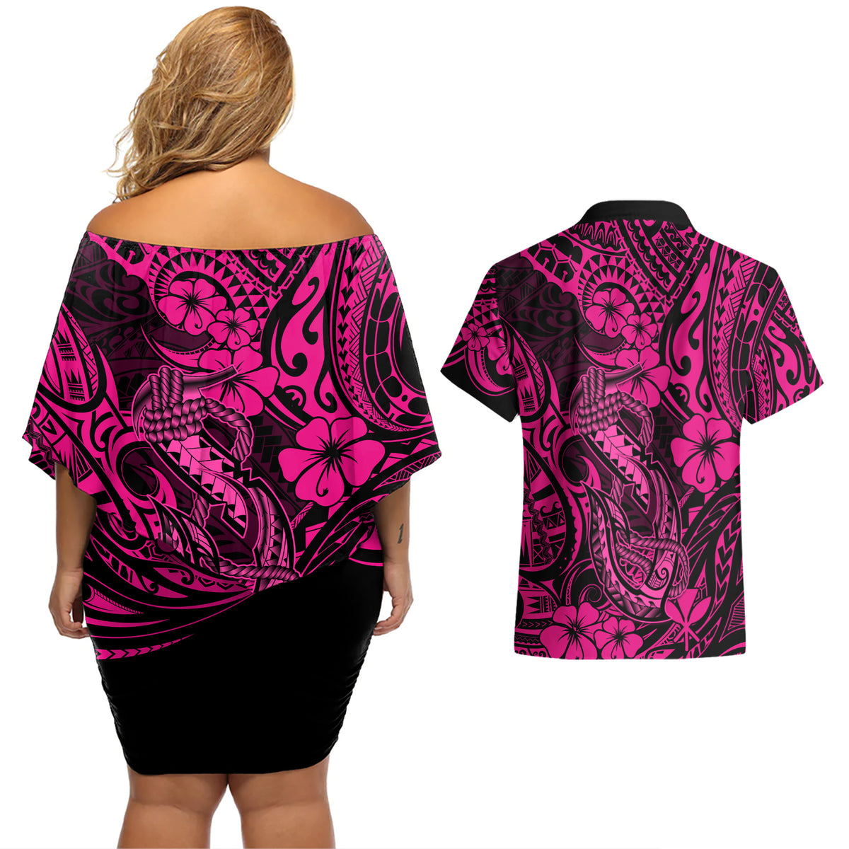 Hawaii Fish Hook Couples Matching Off Shoulder Short Dress and Hawaiian Shirt Hibiscus Hawaii Tribal Tattoo Pink Version - Wonder Print Shop