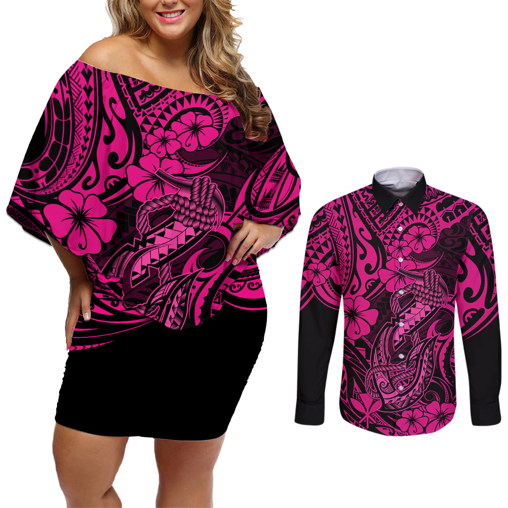 Hawaii Fish Hook Couples Matching Off Shoulder Short Dress and Long Sleeve Button Shirts Hibiscus Hawaii Tribal Tattoo Pink Version - Wonder Print Shop