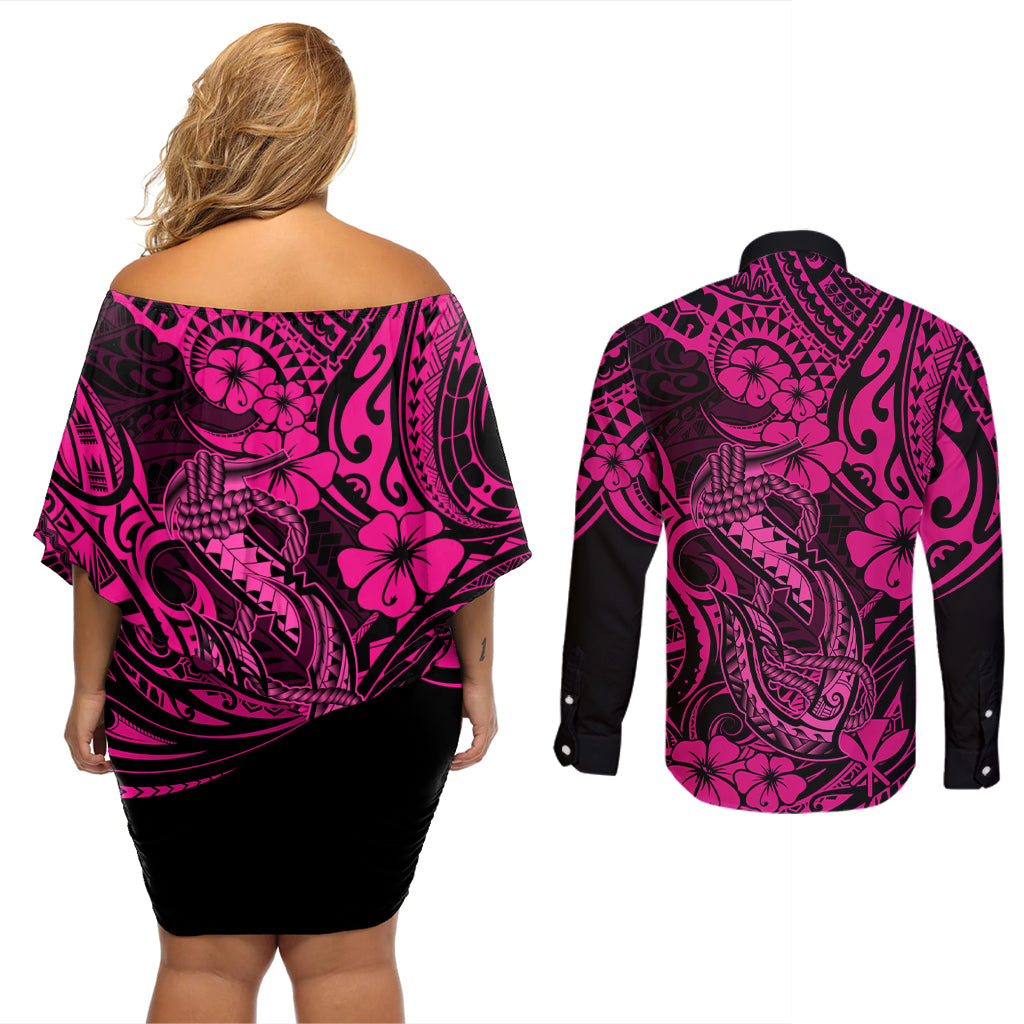 Hawaii Fish Hook Couples Matching Off Shoulder Short Dress and Long Sleeve Button Shirts Hibiscus Hawaii Tribal Tattoo Pink Version - Wonder Print Shop