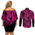 Hawaii Fish Hook Couples Matching Off Shoulder Short Dress and Long Sleeve Button Shirts Hibiscus Hawaii Tribal Tattoo Pink Version - Wonder Print Shop