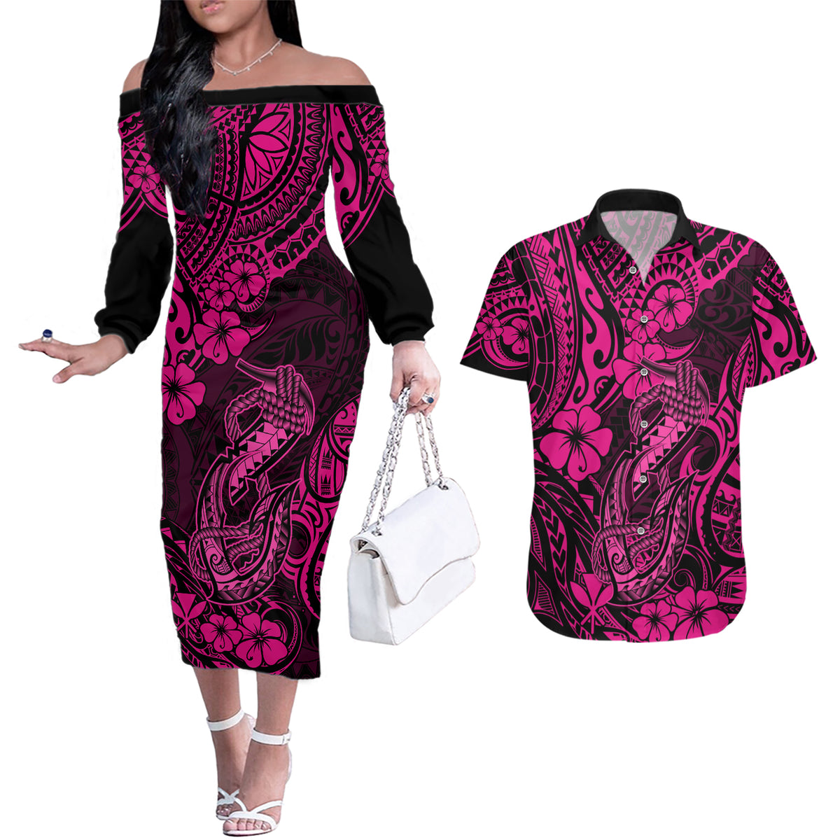 Hawaii Fish Hook Couples Matching Off The Shoulder Long Sleeve Dress and Hawaiian Shirt Hibiscus Hawaii Tribal Tattoo Pink Version - Wonder Print Shop