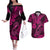 Hawaii Fish Hook Couples Matching Off The Shoulder Long Sleeve Dress and Hawaiian Shirt Hibiscus Hawaii Tribal Tattoo Pink Version - Wonder Print Shop