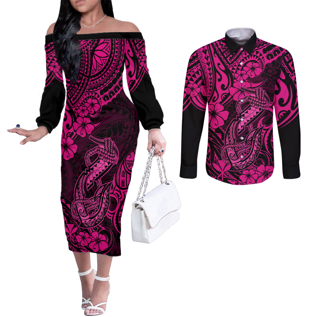 hawaii-fish-hook-couples-matching-off-the-shoulder-long-sleeve-dress-and-long-sleeve-button-shirts-hibiscus-hawaii-tribal-tattoo-pink-version