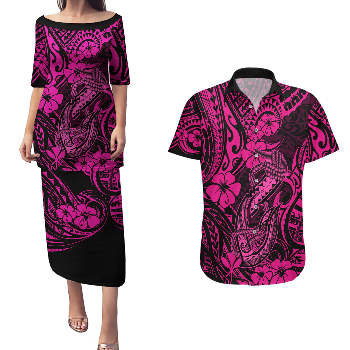 Hawaii Fish Hook Couples Matching Puletasi Dress and Hawaiian Shirt Hibiscus Hawaii Tribal Tattoo Pink Version - Wonder Print Shop