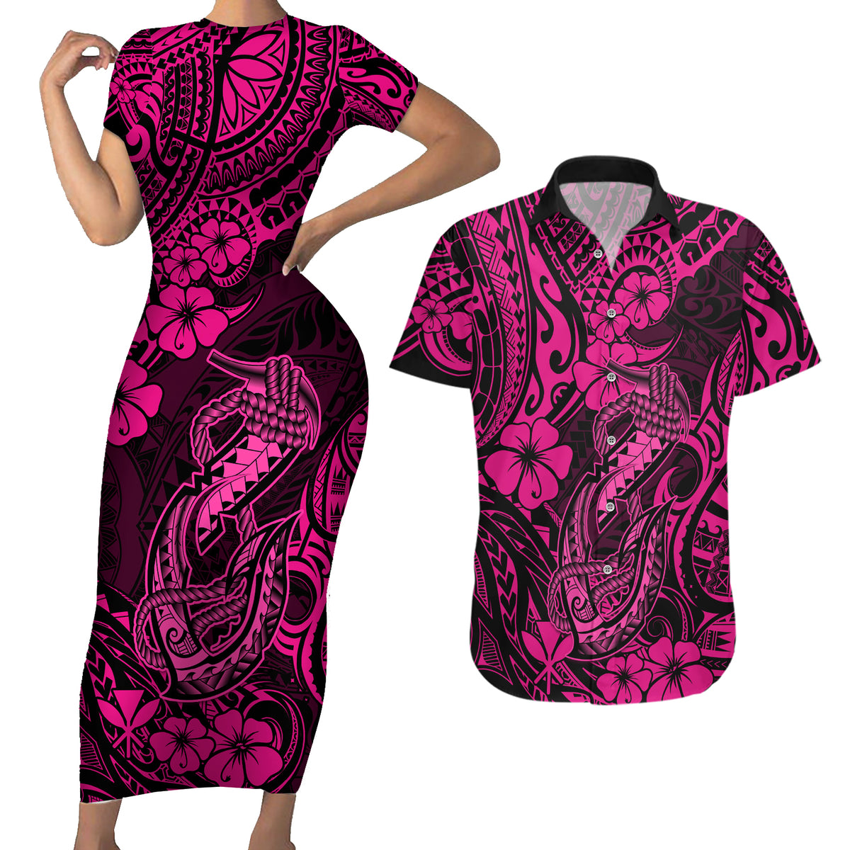 Hawaii Fish Hook Couples Matching Short Sleeve Bodycon Dress and Hawaiian Shirt Hibiscus Hawaii Tribal Tattoo Pink Version - Wonder Print Shop