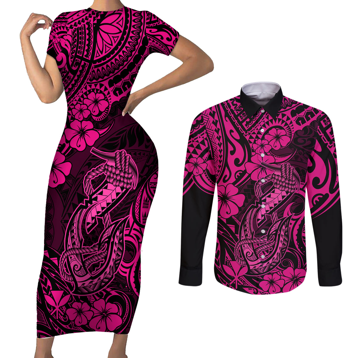 Hawaii Fish Hook Couples Matching Short Sleeve Bodycon Dress and Long Sleeve Button Shirts Hibiscus Hawaii Tribal Tattoo Pink Version - Wonder Print Shop