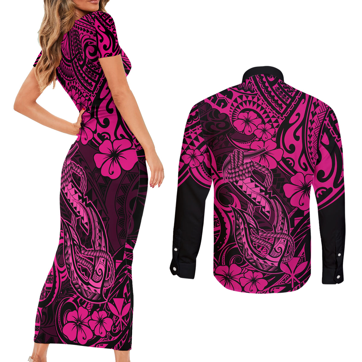 Hawaii Fish Hook Couples Matching Short Sleeve Bodycon Dress and Long Sleeve Button Shirts Hibiscus Hawaii Tribal Tattoo Pink Version - Wonder Print Shop