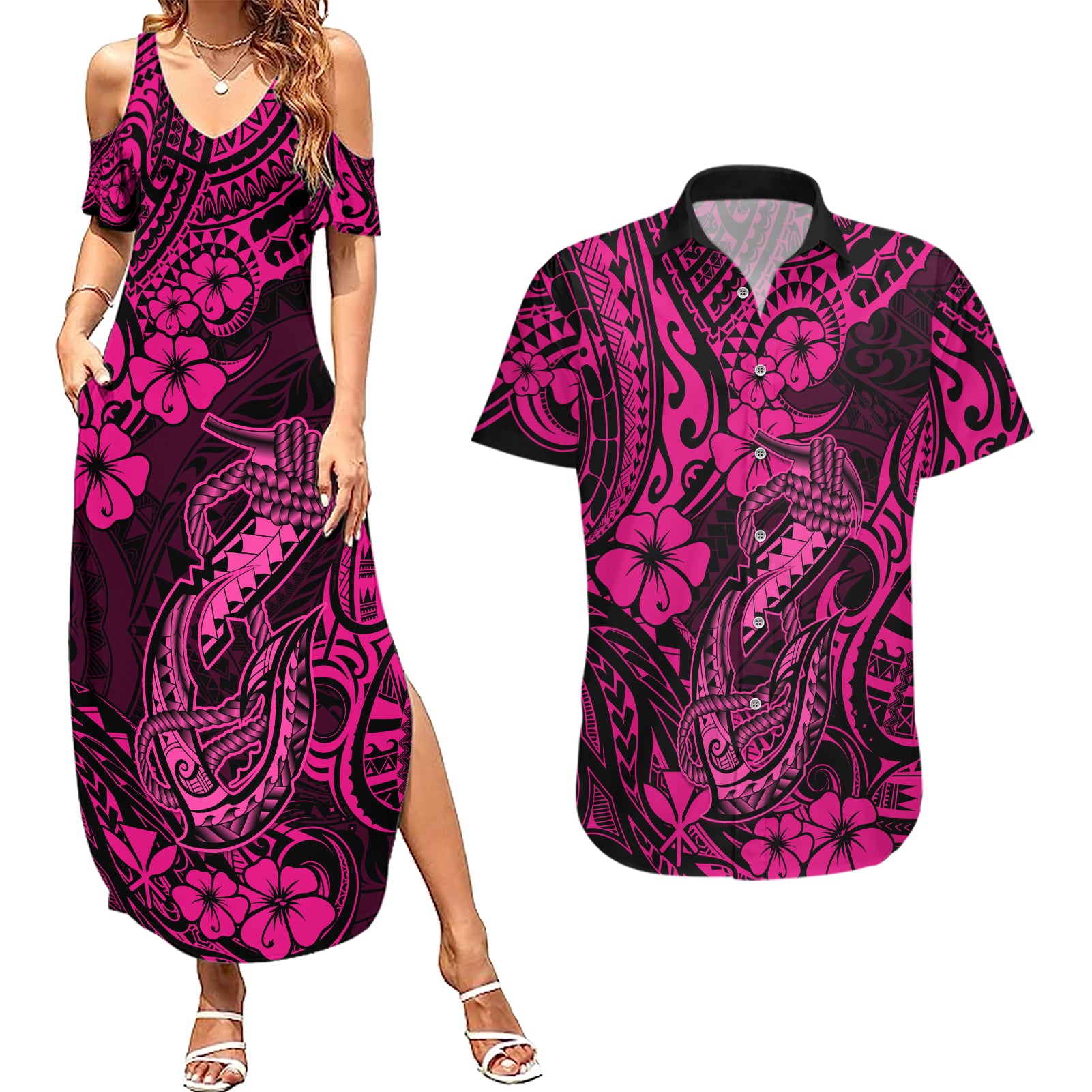 Hawaii Fish Hook Couples Matching Summer Maxi Dress and Hawaiian Shirt Hibiscus Hawaii Tribal Tattoo Pink Version - Wonder Print Shop