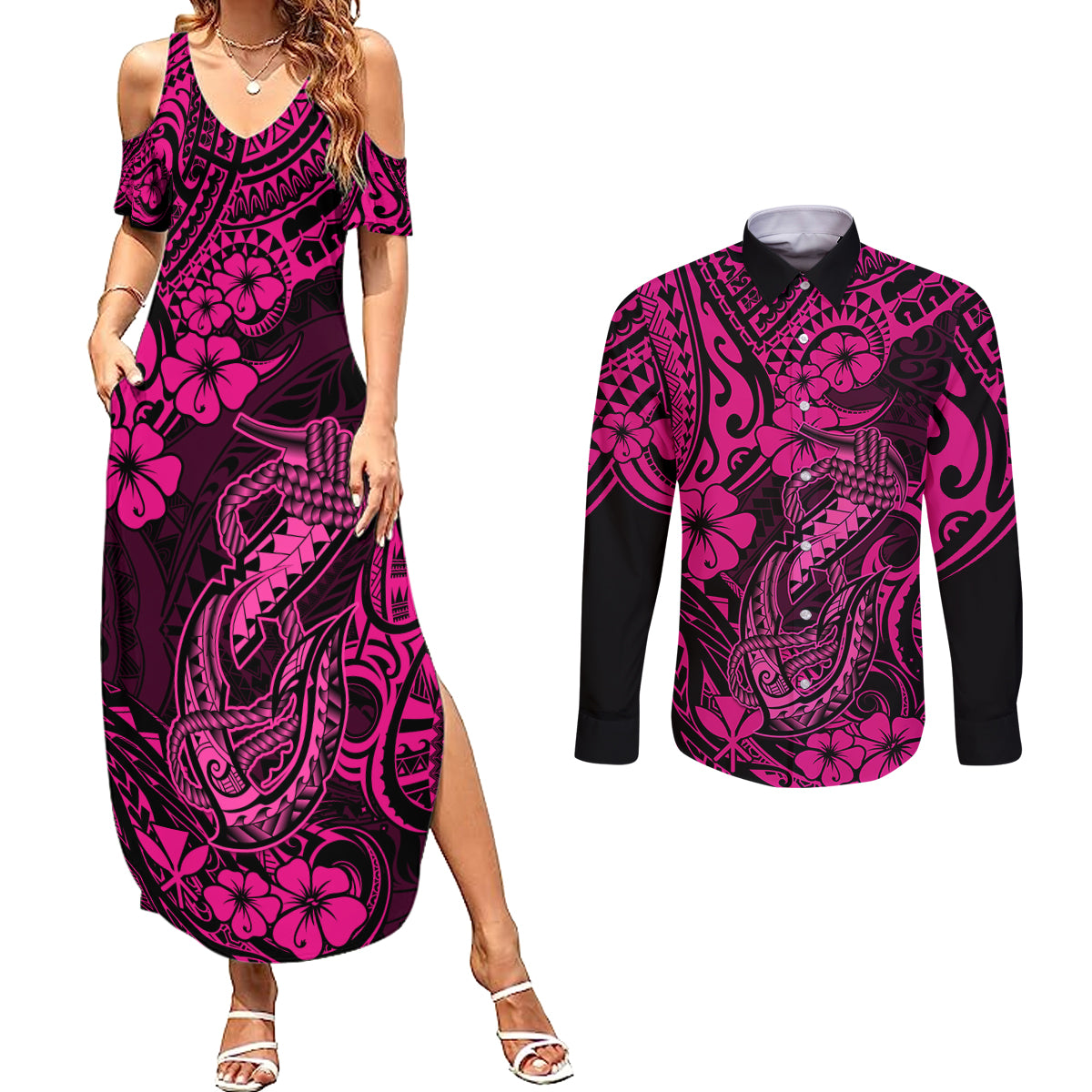 Hawaii Fish Hook Couples Matching Summer Maxi Dress and Long Sleeve Button Shirts Hibiscus Hawaii Tribal Tattoo Pink Version - Wonder Print Shop