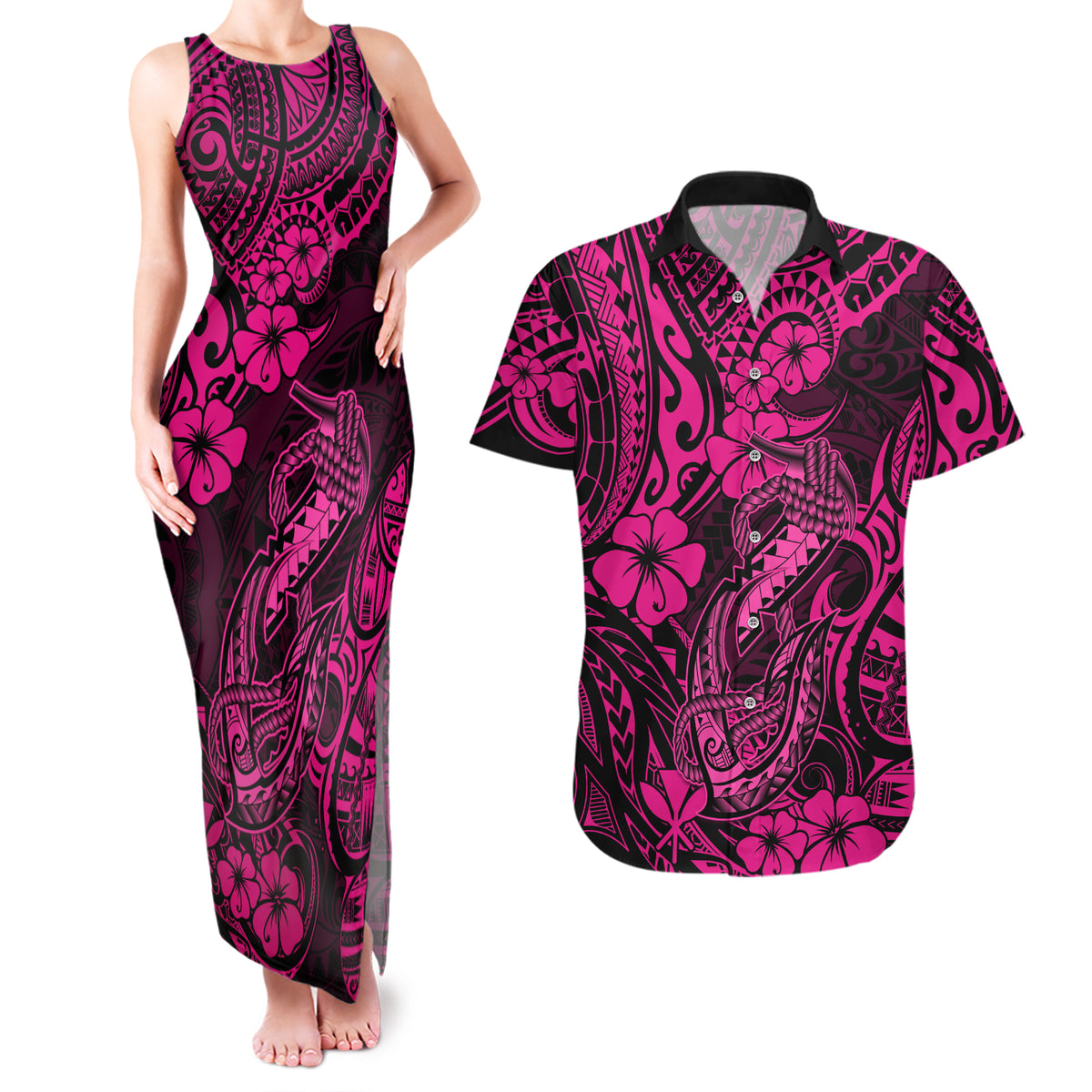 Hawaii Fish Hook Couples Matching Tank Maxi Dress and Hawaiian Shirt Hibiscus Hawaii Tribal Tattoo Pink Version - Wonder Print Shop