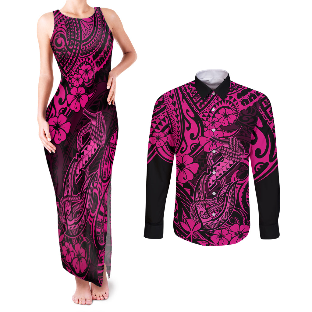 Hawaii Fish Hook Couples Matching Tank Maxi Dress and Long Sleeve Button Shirts Hibiscus Hawaii Tribal Tattoo Pink Version - Wonder Print Shop