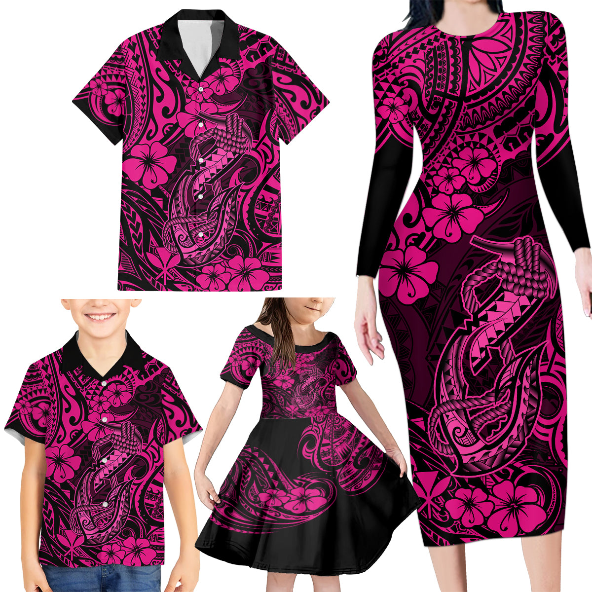 Hawaii Fish Hook Family Matching Long Sleeve Bodycon Dress and Hawaiian Shirt Hibiscus Hawaii Tribal Tattoo Pink Version - Wonder Print Shop