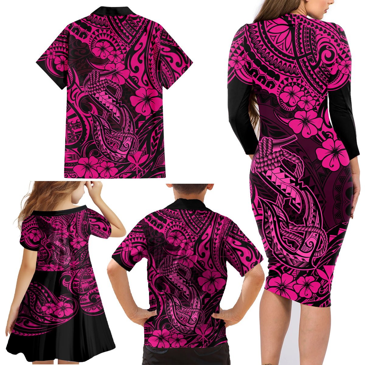 Hawaii Fish Hook Family Matching Long Sleeve Bodycon Dress and Hawaiian Shirt Hibiscus Hawaii Tribal Tattoo Pink Version - Wonder Print Shop