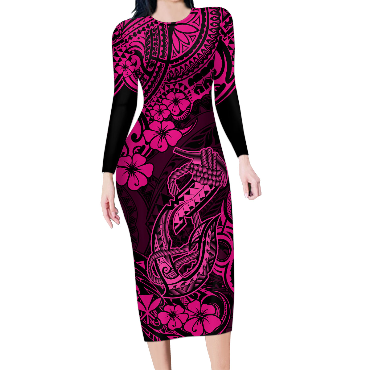 Hawaii Fish Hook Family Matching Long Sleeve Bodycon Dress and Hawaiian Shirt Hibiscus Hawaii Tribal Tattoo Pink Version - Wonder Print Shop