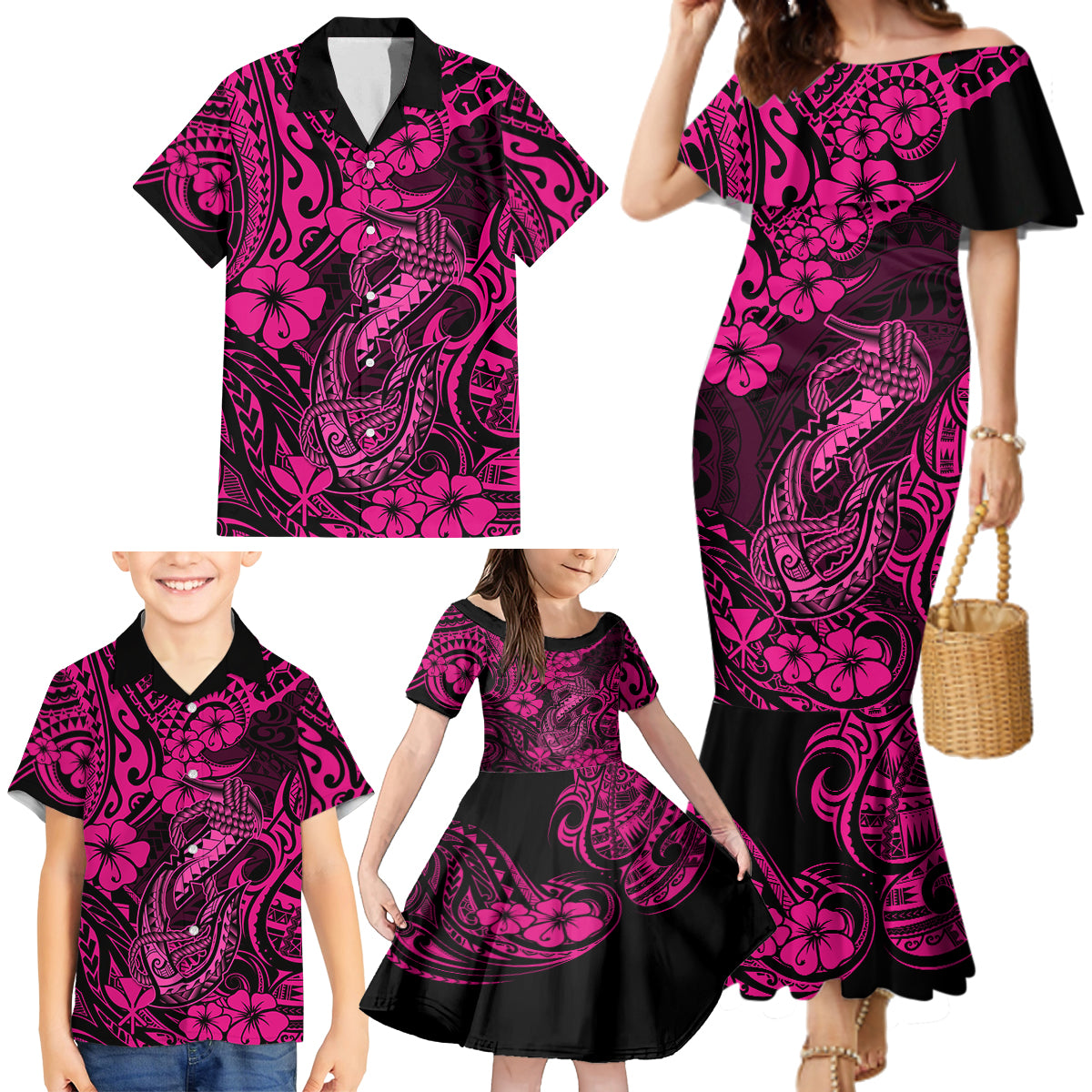 Hawaii Fish Hook Family Matching Mermaid Dress and Hawaiian Shirt Hibiscus Hawaii Tribal Tattoo Pink Version - Wonder Print Shop