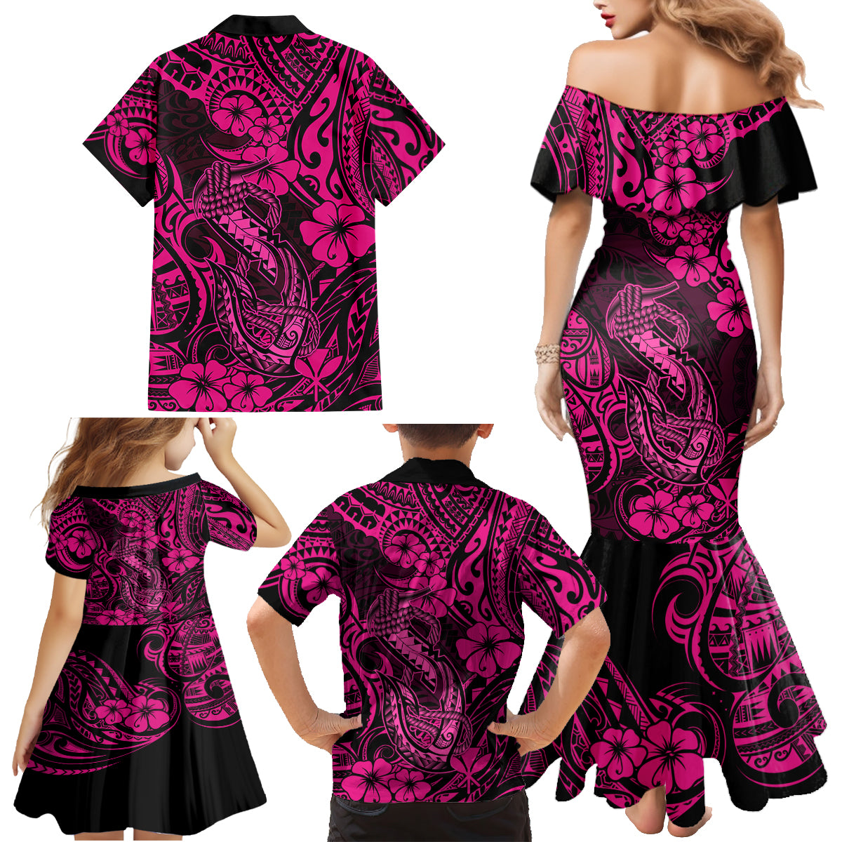 Hawaii Fish Hook Family Matching Mermaid Dress and Hawaiian Shirt Hibiscus Hawaii Tribal Tattoo Pink Version - Wonder Print Shop
