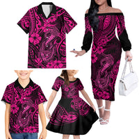 Hawaii Fish Hook Family Matching Off Shoulder Long Sleeve Dress and Hawaiian Shirt Hibiscus Hawaii Tribal Tattoo Pink Version - Wonder Print Shop