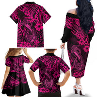 Hawaii Fish Hook Family Matching Off Shoulder Long Sleeve Dress and Hawaiian Shirt Hibiscus Hawaii Tribal Tattoo Pink Version - Wonder Print Shop