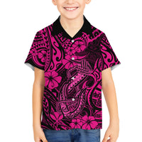 Hawaii Fish Hook Family Matching Off Shoulder Long Sleeve Dress and Hawaiian Shirt Hibiscus Hawaii Tribal Tattoo Pink Version - Wonder Print Shop