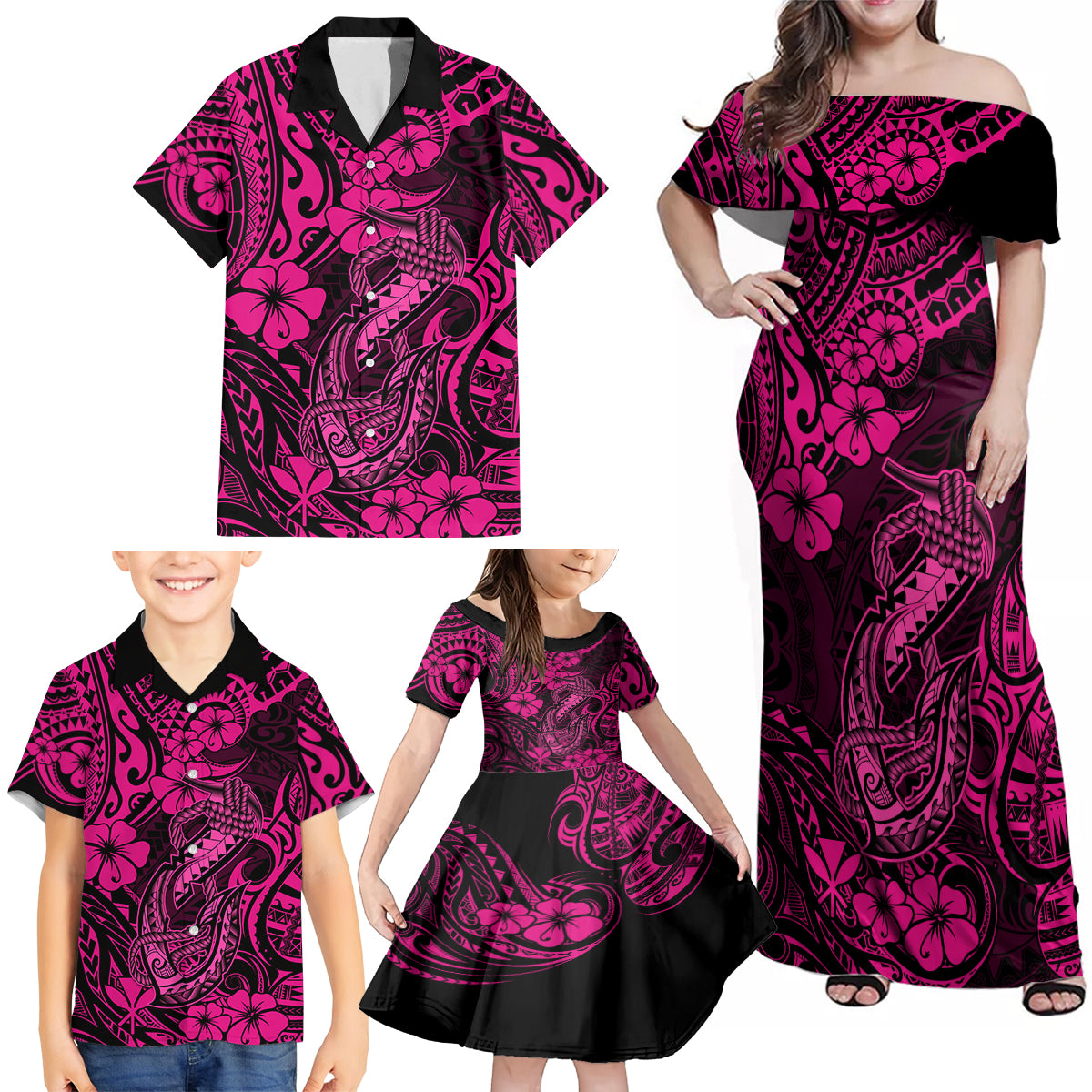 Hawaii Fish Hook Family Matching Off Shoulder Maxi Dress and Hawaiian Shirt Hibiscus Hawaii Tribal Tattoo Pink Version - Wonder Print Shop