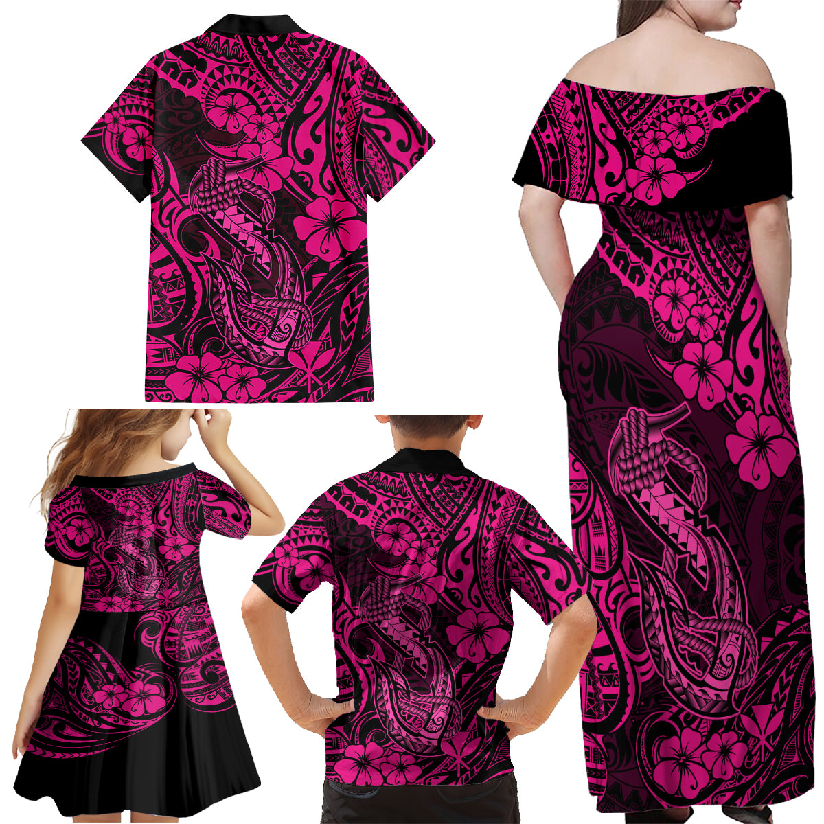Hawaii Fish Hook Family Matching Off Shoulder Maxi Dress and Hawaiian Shirt Hibiscus Hawaii Tribal Tattoo Pink Version - Wonder Print Shop