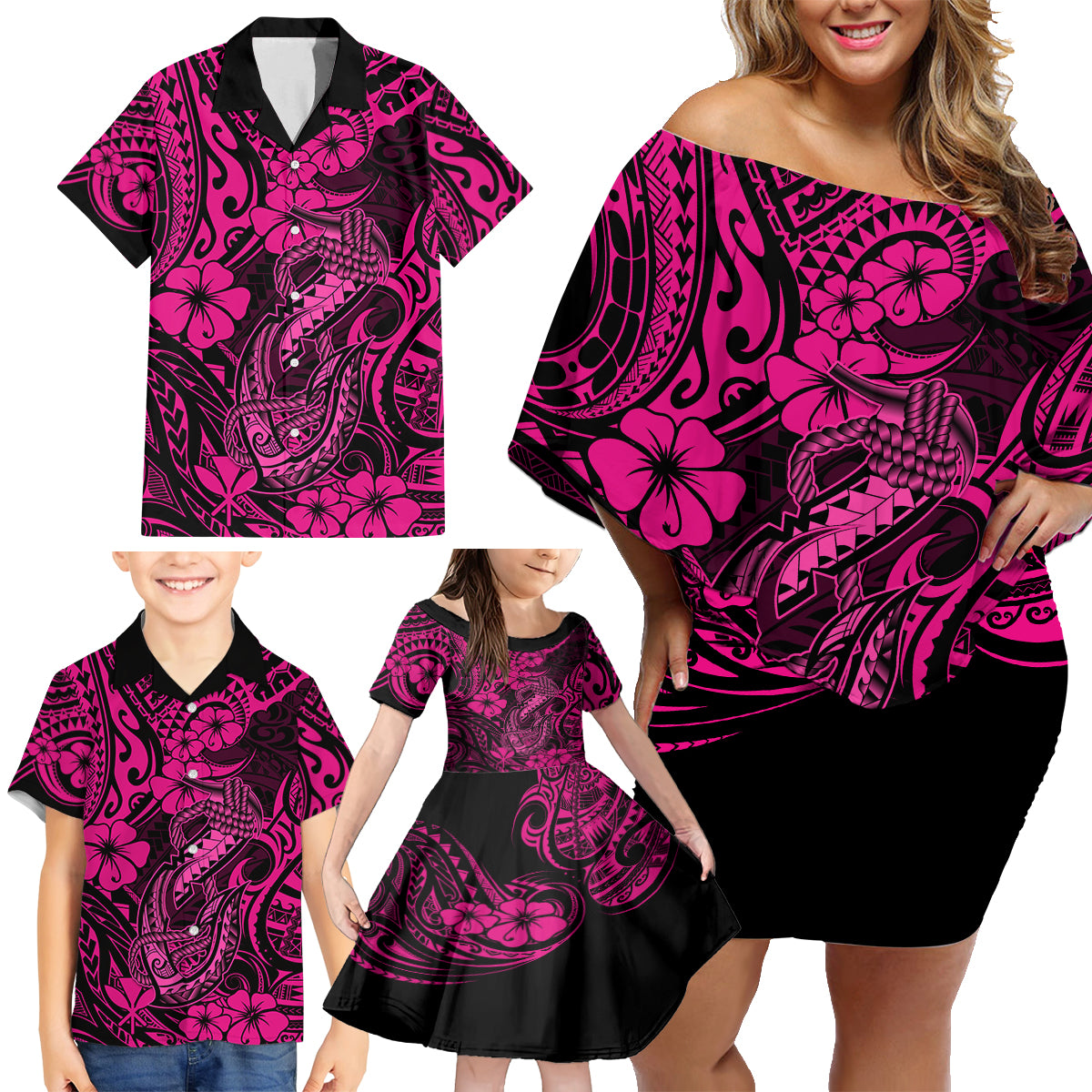 Hawaii Fish Hook Family Matching Off Shoulder Short Dress and Hawaiian Shirt Hibiscus Hawaii Tribal Tattoo Pink Version - Wonder Print Shop