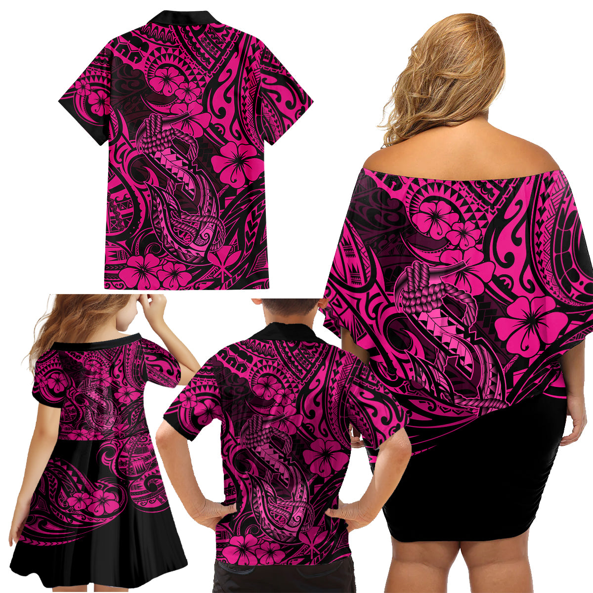 Hawaii Fish Hook Family Matching Off Shoulder Short Dress and Hawaiian Shirt Hibiscus Hawaii Tribal Tattoo Pink Version - Wonder Print Shop