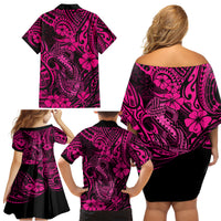Hawaii Fish Hook Family Matching Off Shoulder Short Dress and Hawaiian Shirt Hibiscus Hawaii Tribal Tattoo Pink Version - Wonder Print Shop