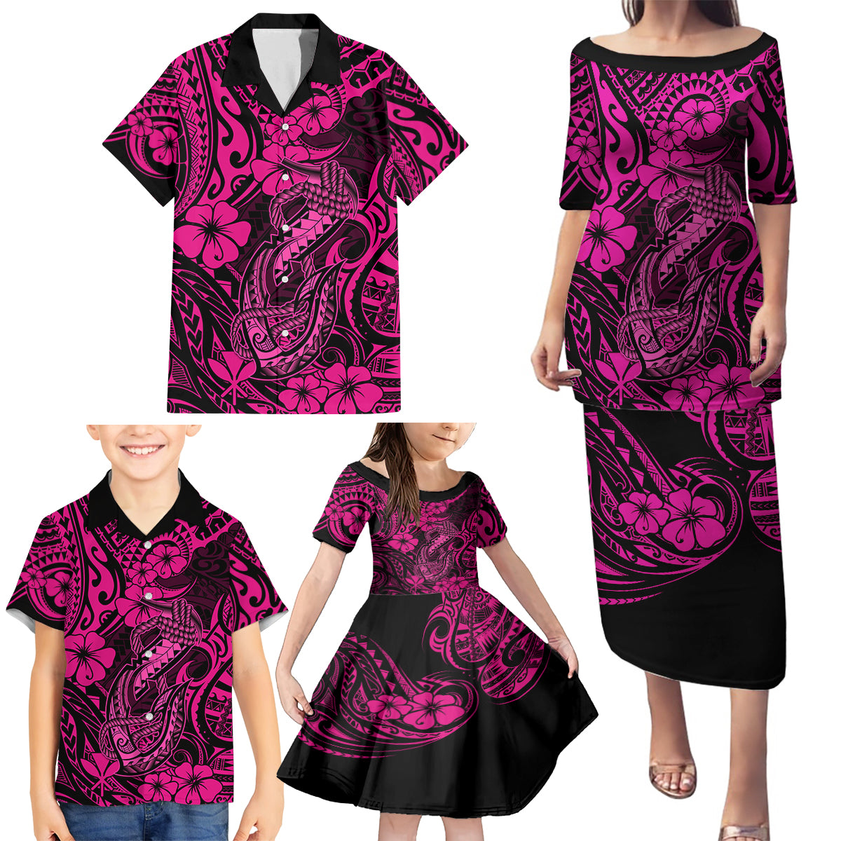 Hawaii Fish Hook Family Matching Puletasi Dress and Hawaiian Shirt Hibiscus Hawaii Tribal Tattoo Pink Version - Wonder Print Shop