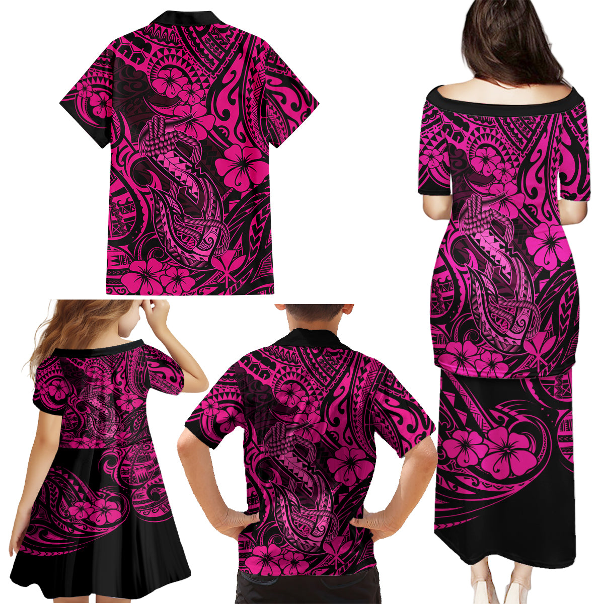 Hawaii Fish Hook Family Matching Puletasi Dress and Hawaiian Shirt Hibiscus Hawaii Tribal Tattoo Pink Version - Wonder Print Shop