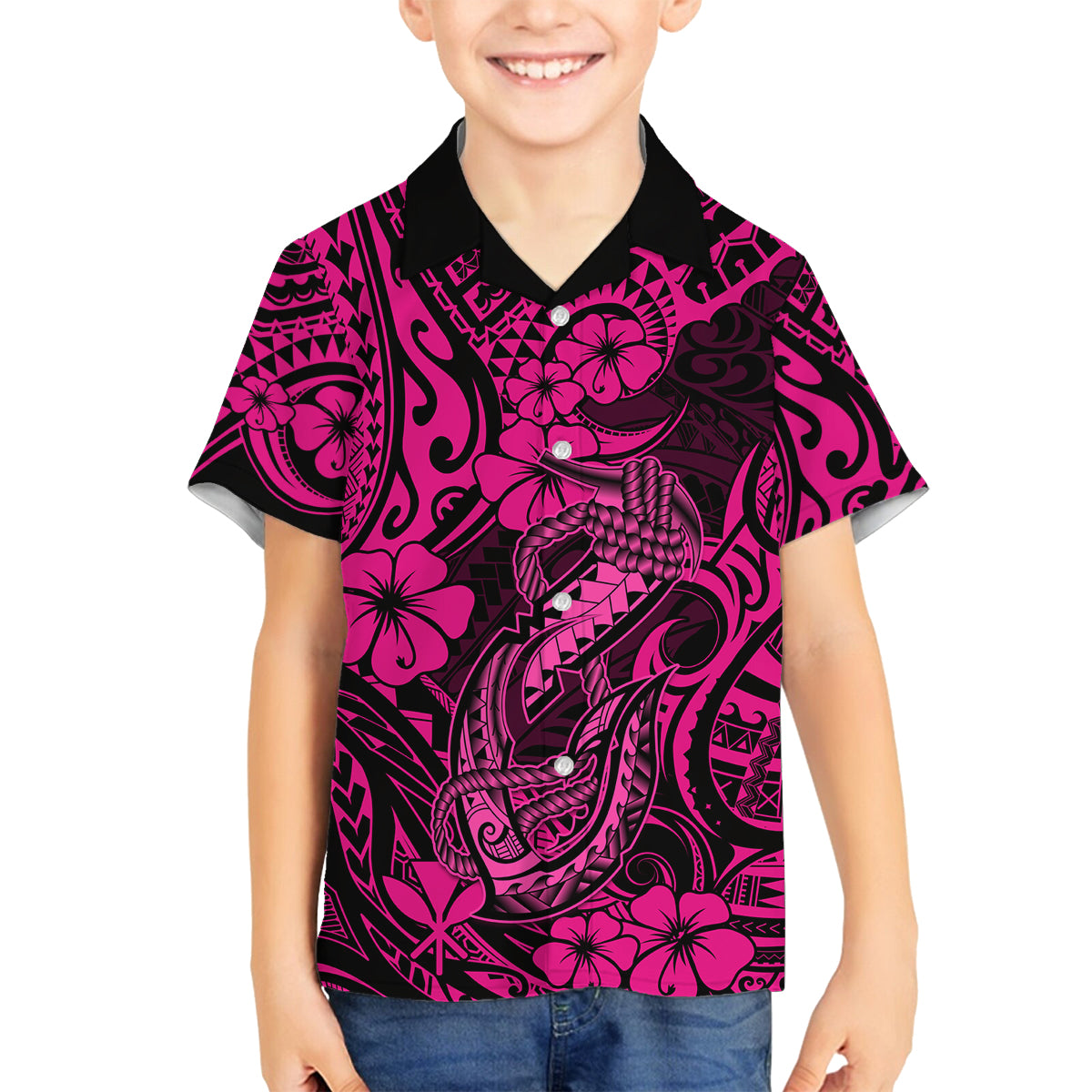 Hawaii Fish Hook Family Matching Puletasi Dress and Hawaiian Shirt Hibiscus Hawaii Tribal Tattoo Pink Version - Wonder Print Shop