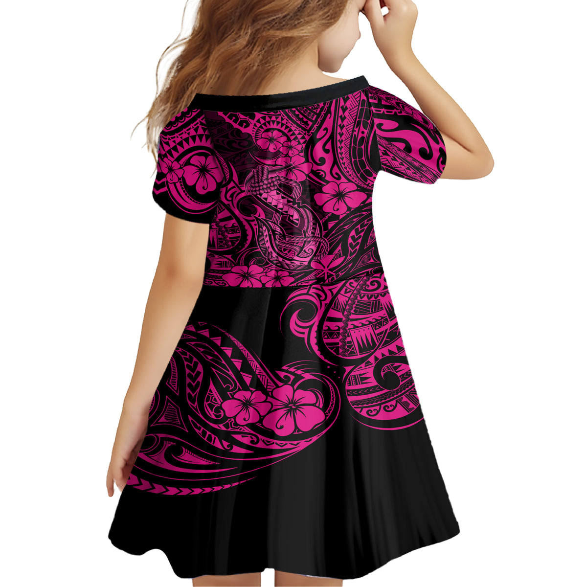 Hawaii Fish Hook Family Matching Short Sleeve Bodycon Dress and Hawaiian Shirt Hibiscus Hawaii Tribal Tattoo Pink Version - Wonder Print Shop