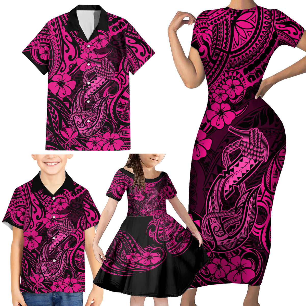 Hawaii Fish Hook Family Matching Short Sleeve Bodycon Dress and Hawaiian Shirt Hibiscus Hawaii Tribal Tattoo Pink Version - Wonder Print Shop