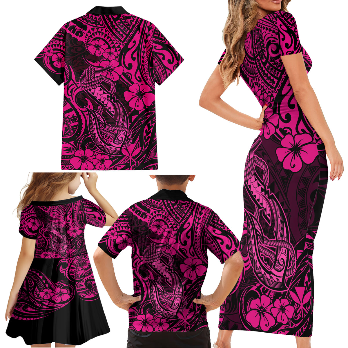 Hawaii Fish Hook Family Matching Short Sleeve Bodycon Dress and Hawaiian Shirt Hibiscus Hawaii Tribal Tattoo Pink Version - Wonder Print Shop