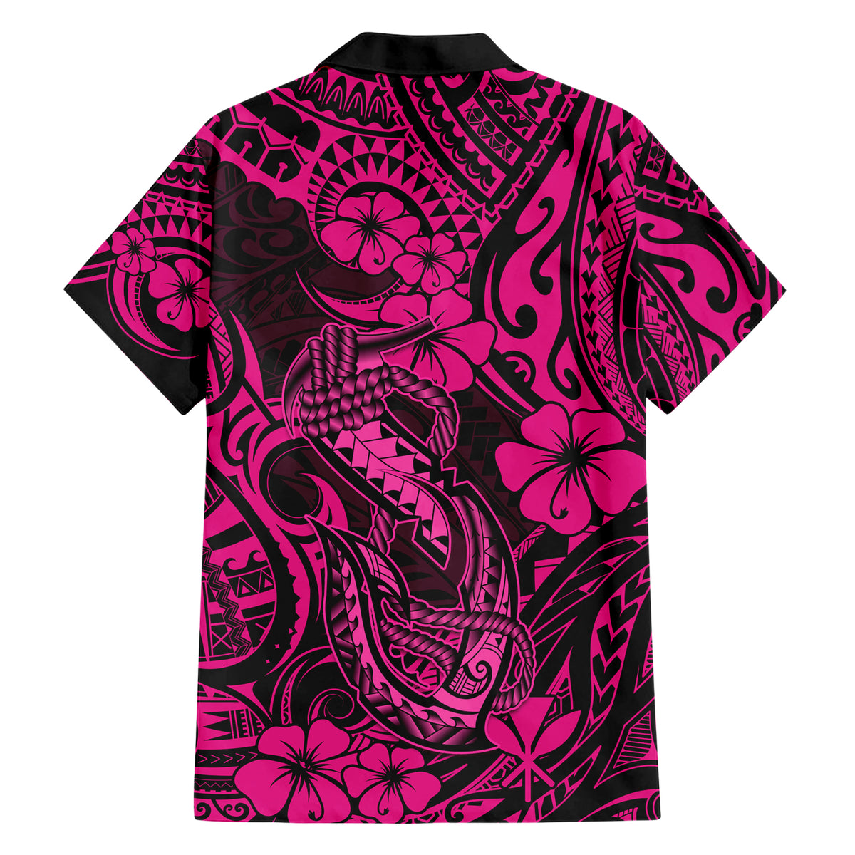 Hawaii Fish Hook Family Matching Short Sleeve Bodycon Dress and Hawaiian Shirt Hibiscus Hawaii Tribal Tattoo Pink Version - Wonder Print Shop