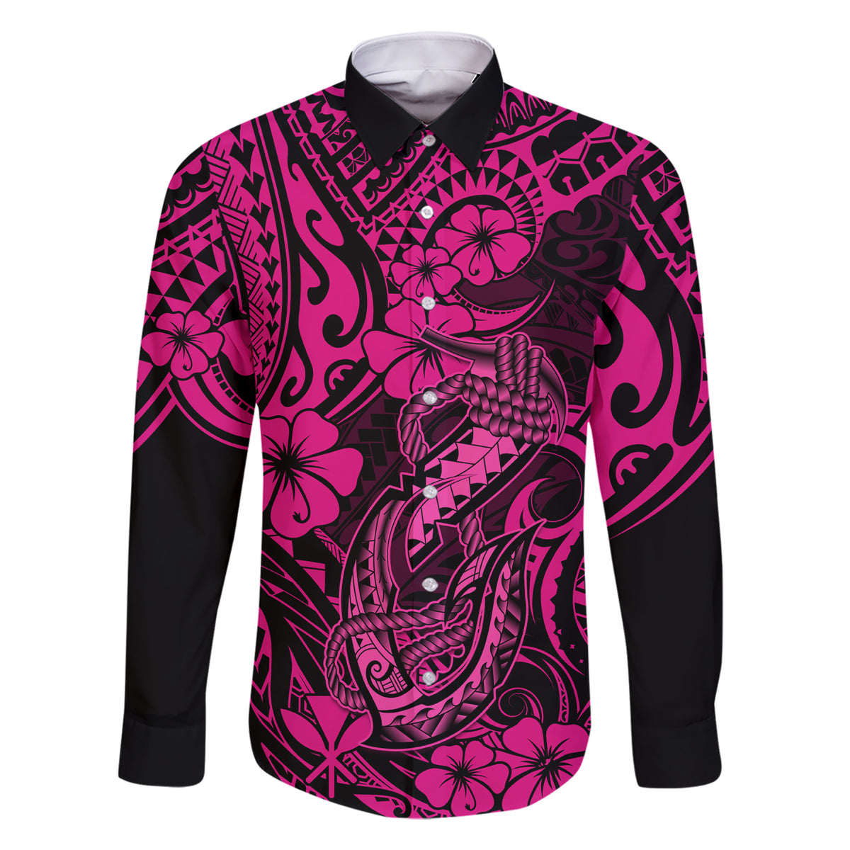 Hawaii Fish Hook Family Matching Short Sleeve Bodycon Dress and Hawaiian Shirt Hibiscus Hawaii Tribal Tattoo Pink Version - Wonder Print Shop