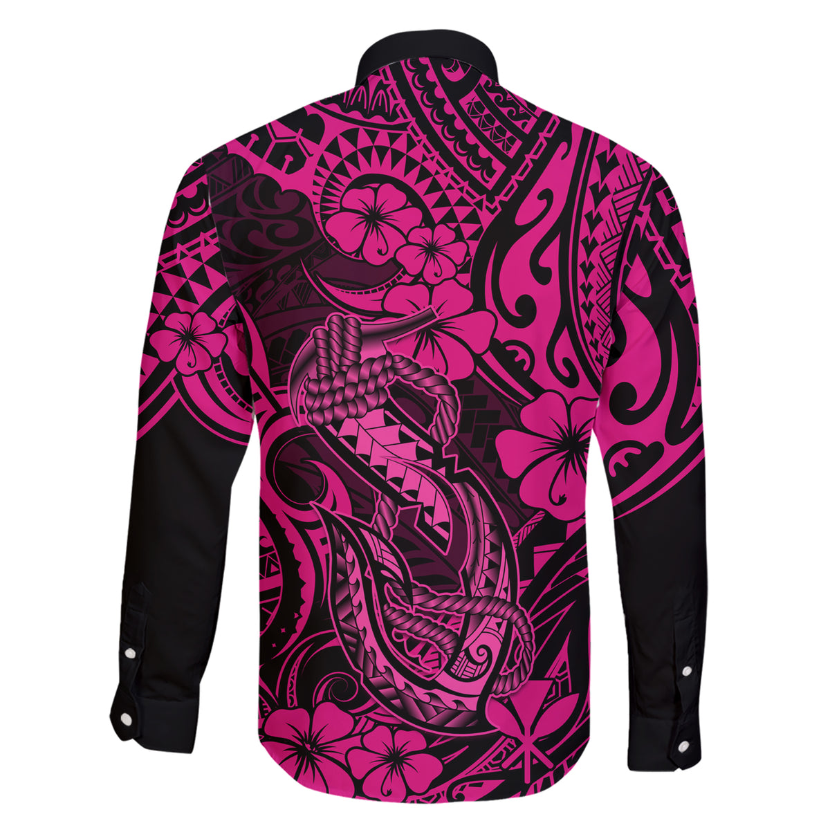 Hawaii Fish Hook Family Matching Short Sleeve Bodycon Dress and Hawaiian Shirt Hibiscus Hawaii Tribal Tattoo Pink Version - Wonder Print Shop