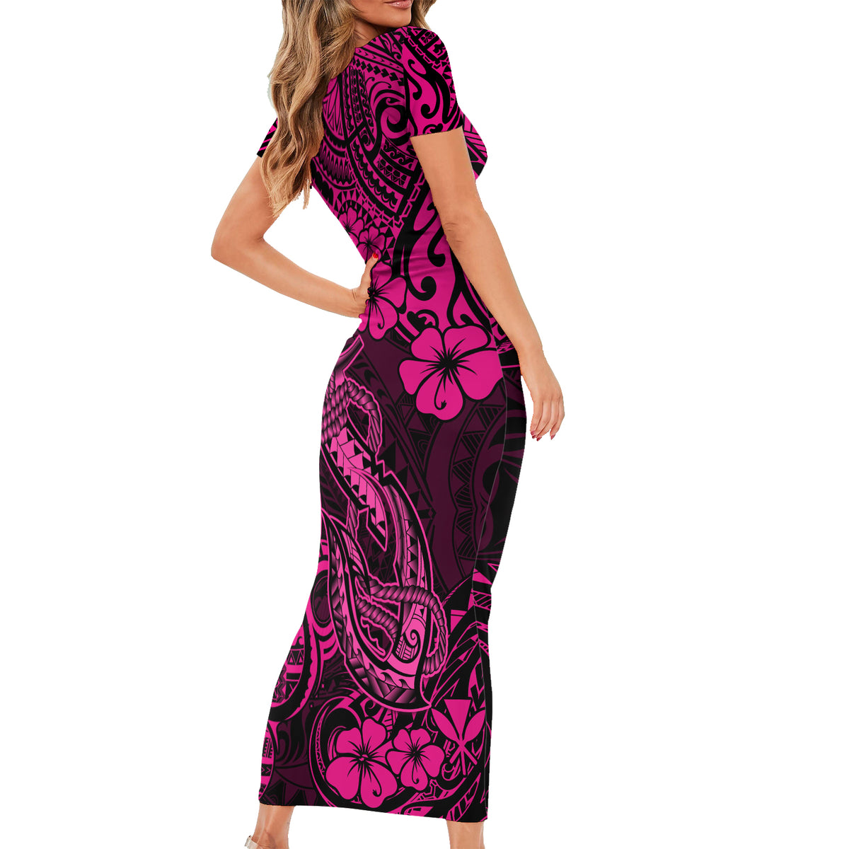 Hawaii Fish Hook Family Matching Short Sleeve Bodycon Dress and Hawaiian Shirt Hibiscus Hawaii Tribal Tattoo Pink Version - Wonder Print Shop