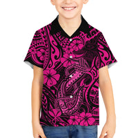 Hawaii Fish Hook Family Matching Short Sleeve Bodycon Dress and Hawaiian Shirt Hibiscus Hawaii Tribal Tattoo Pink Version - Wonder Print Shop