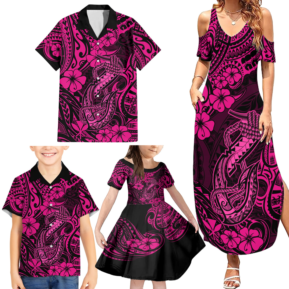 Hawaii Fish Hook Family Matching Summer Maxi Dress and Hawaiian Shirt Hibiscus Hawaii Tribal Tattoo Pink Version - Wonder Print Shop