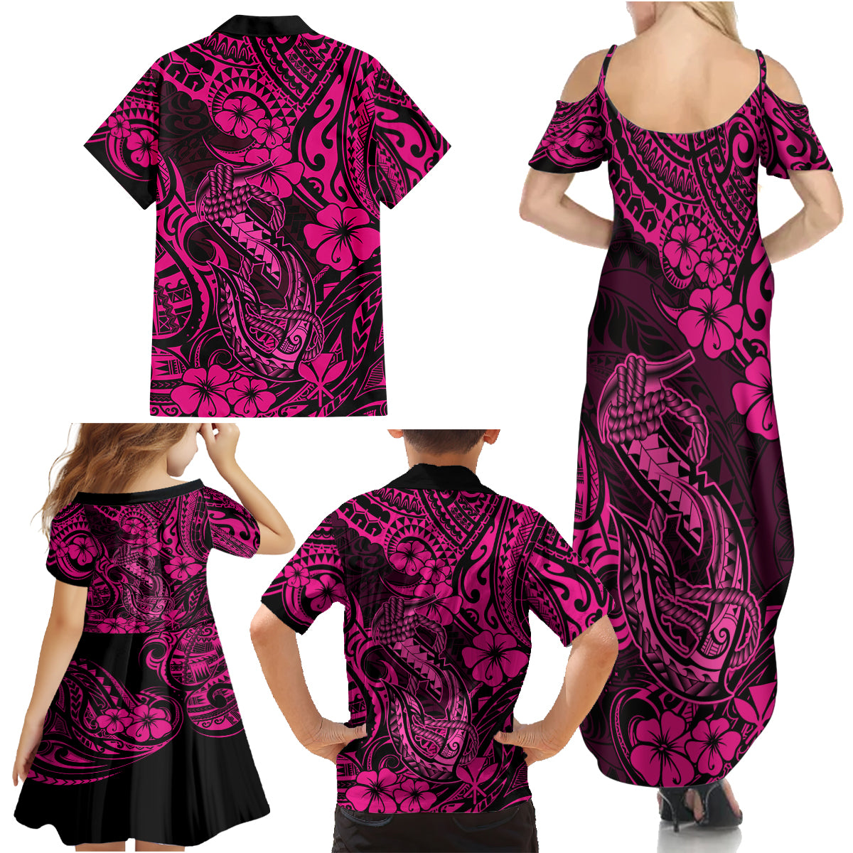 Hawaii Fish Hook Family Matching Summer Maxi Dress and Hawaiian Shirt Hibiscus Hawaii Tribal Tattoo Pink Version - Wonder Print Shop