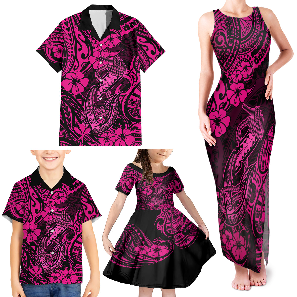 Hawaii Fish Hook Family Matching Tank Maxi Dress and Hawaiian Shirt Hibiscus Hawaii Tribal Tattoo Pink Version - Wonder Print Shop