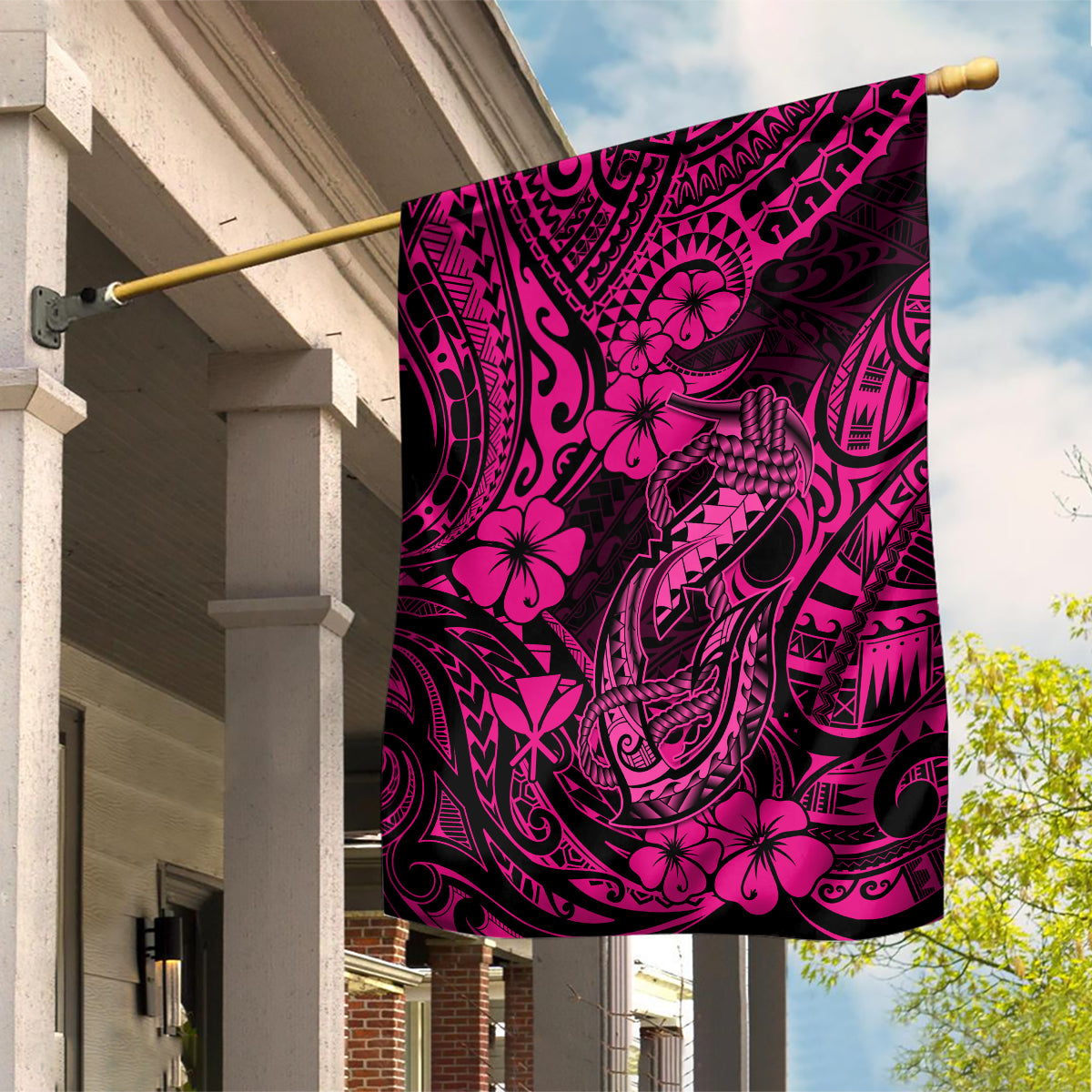 Hawaii Fish Hook Garden Flag Hibiscus Hawaii Tribal Tattoo Pink Version - Wonder Print Shop