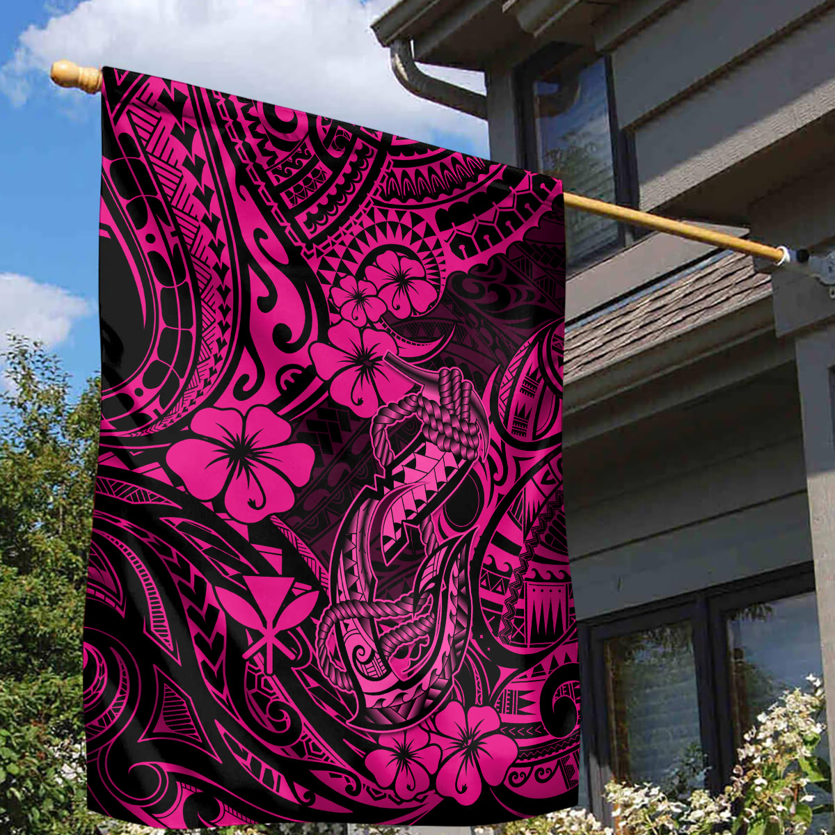Hawaii Fish Hook Garden Flag Hibiscus Hawaii Tribal Tattoo Pink Version - Wonder Print Shop