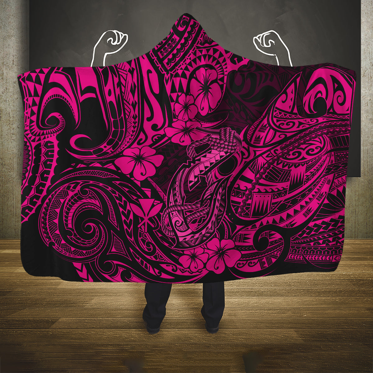 hawaii-fish-hook-hooded-blanket-hibiscus-hawaii-tribal-tattoo-pink-version